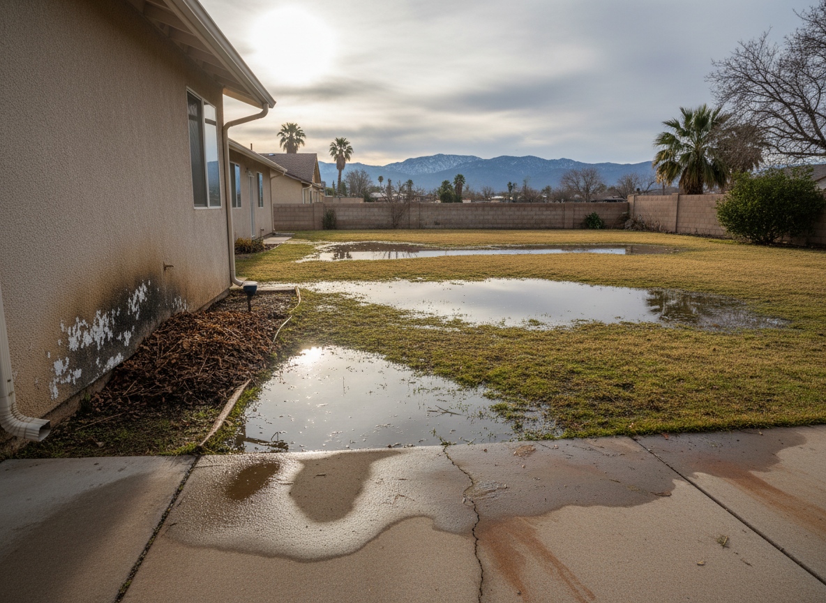 Signs of Poor Drainage in San Bernardino Yards After Winter Storms